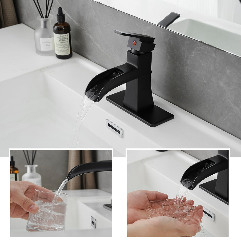 Black Waterfall Bathroom Sink Faucet Pop Up Drain 1 Hole