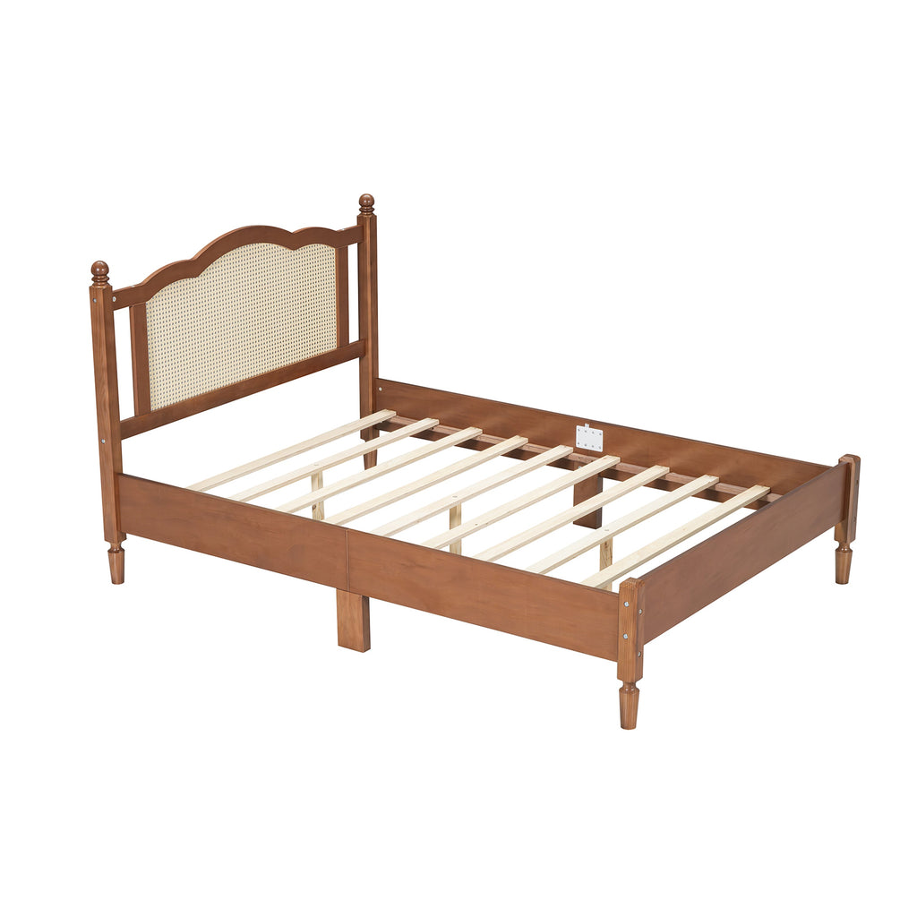 Full Size Wooden Platform Bed with Rattan Headboard