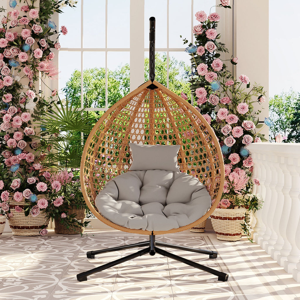 Rattan Hanging Egg Chair with Stand and Cushion