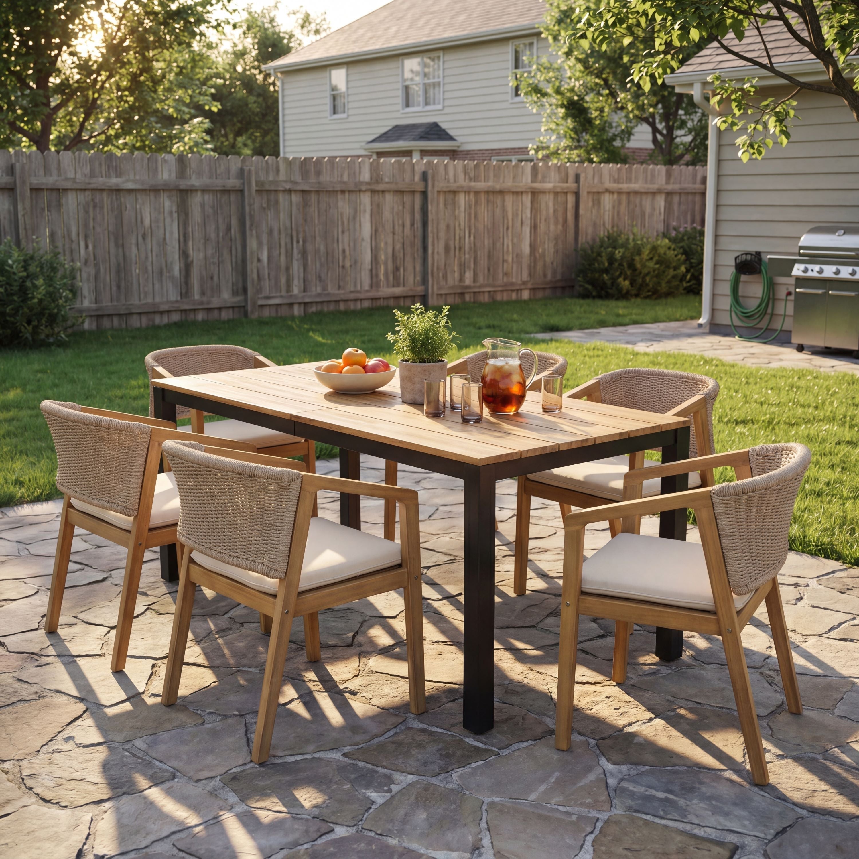 7-Piece Outdoor Dining Set Acacia Wood Table Rope Chairs