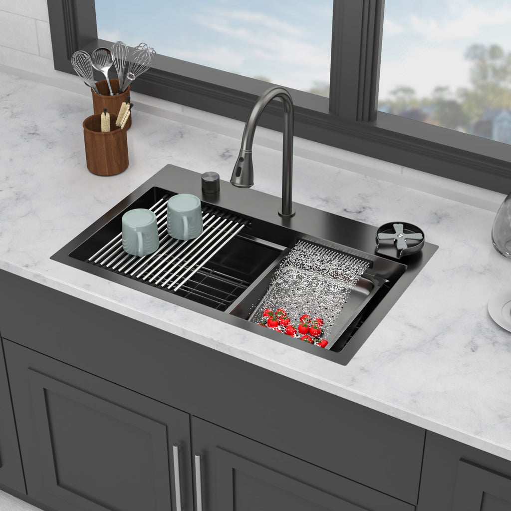 Gunmetal Black Waterfall Kitchen Sink 31.5" Pull-Out Faucet
