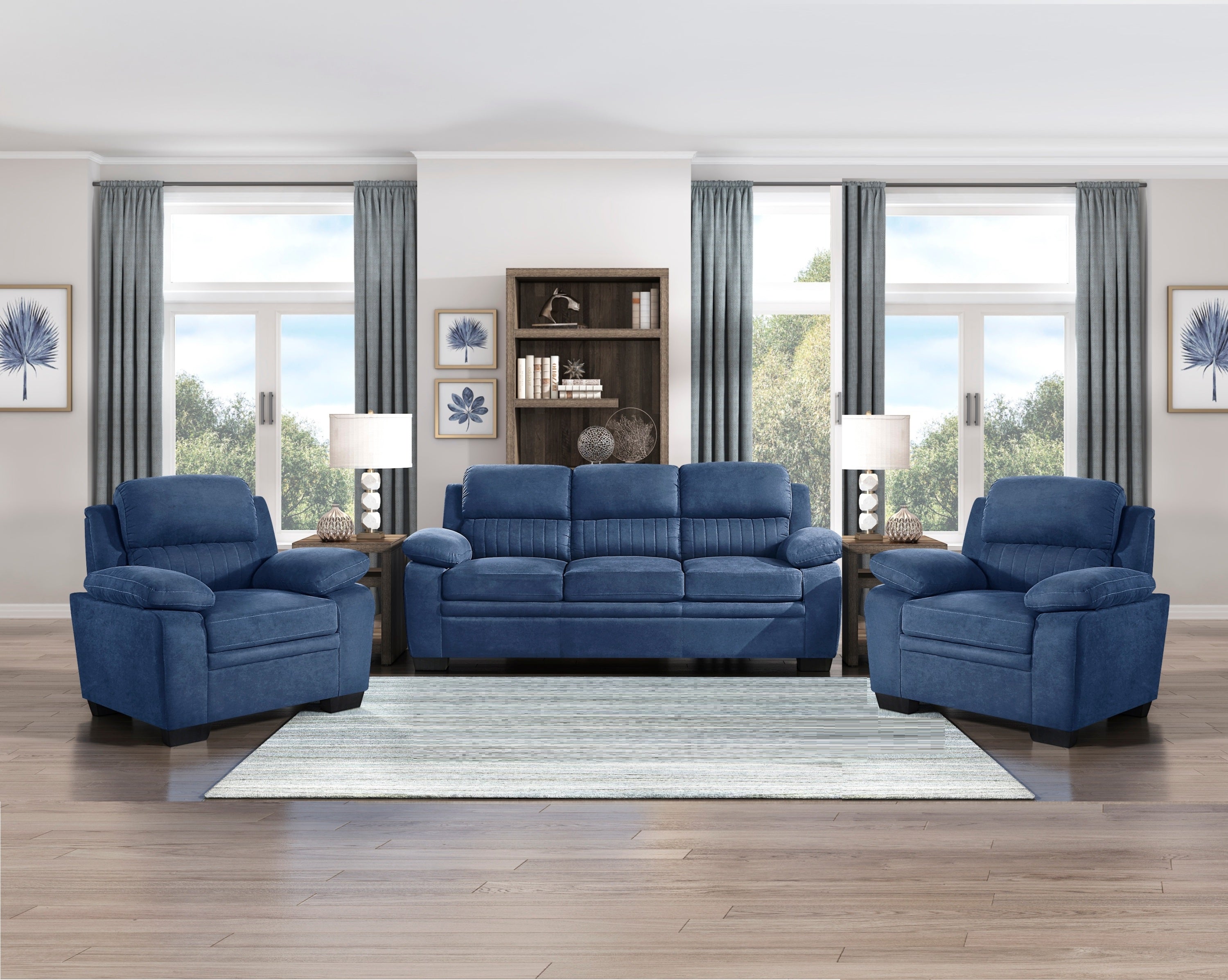 Blue Plush Accent Chair Channel Tufted Solid Wood Frame