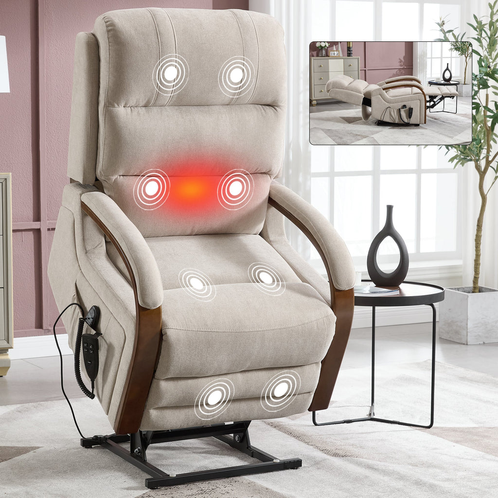 Power Beige Chenille Lift Recliner Chair Dual Motor 350 LBS