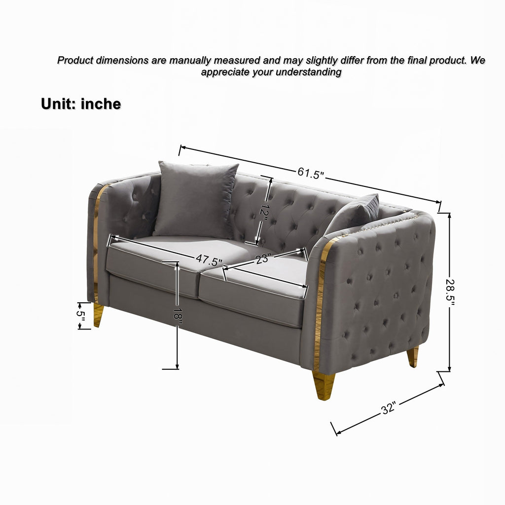 61" Velvet Button Tufted Chesterfield Loveseat Sofa Gold Legs