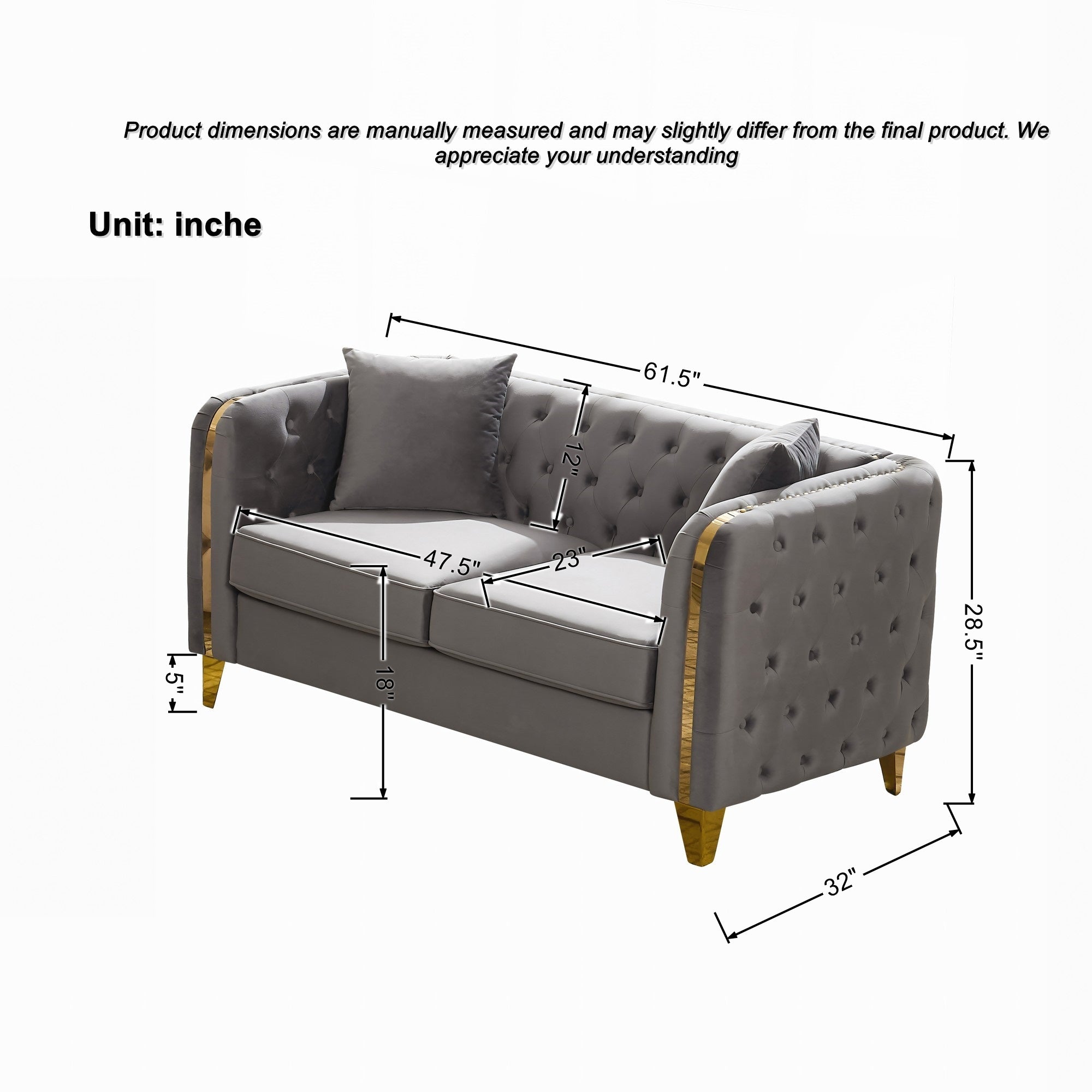 61" Velvet Button Tufted Chesterfield Loveseat Sofa Gold Legs
