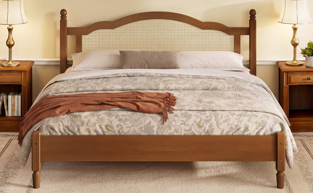 King Size Walnut Wooden Platform Bed with Rattan Headboard