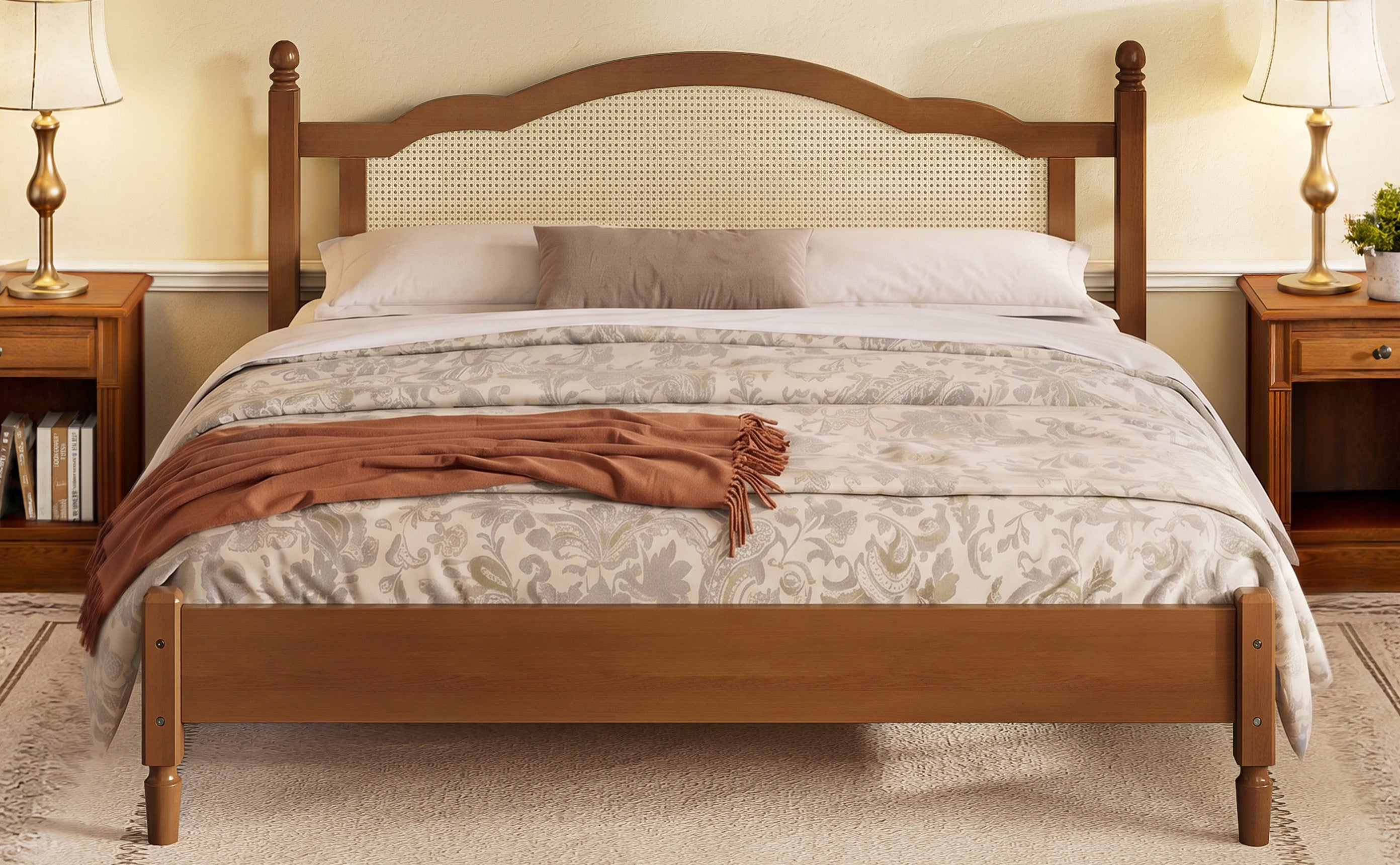 King Size Walnut Wooden Platform Bed with Rattan Headboard