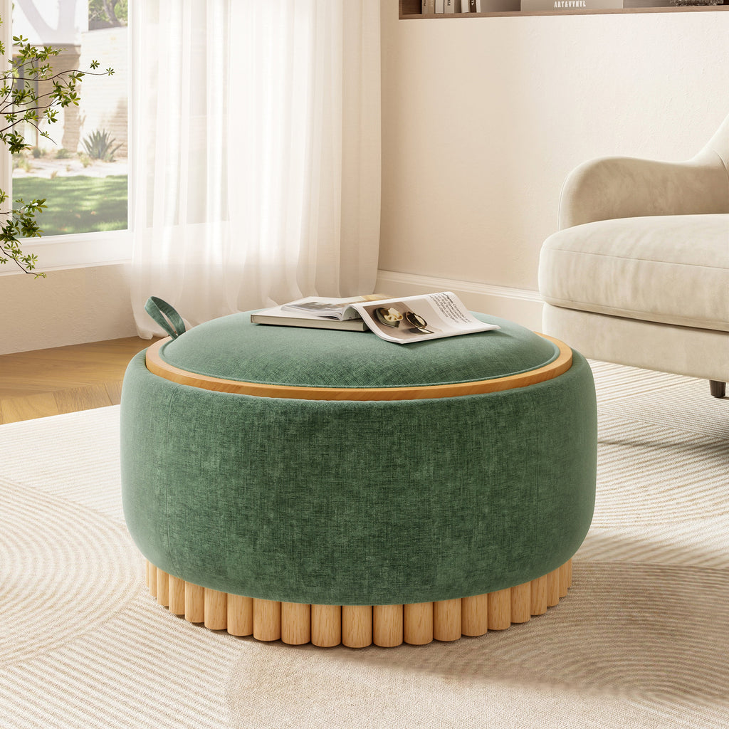 29 Inch Round Storage Ottoman Solid Rubberwood Legs Chenille, Green
