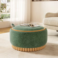 29 Inch Round Storage Ottoman Solid Rubberwood Legs Chenille, Green