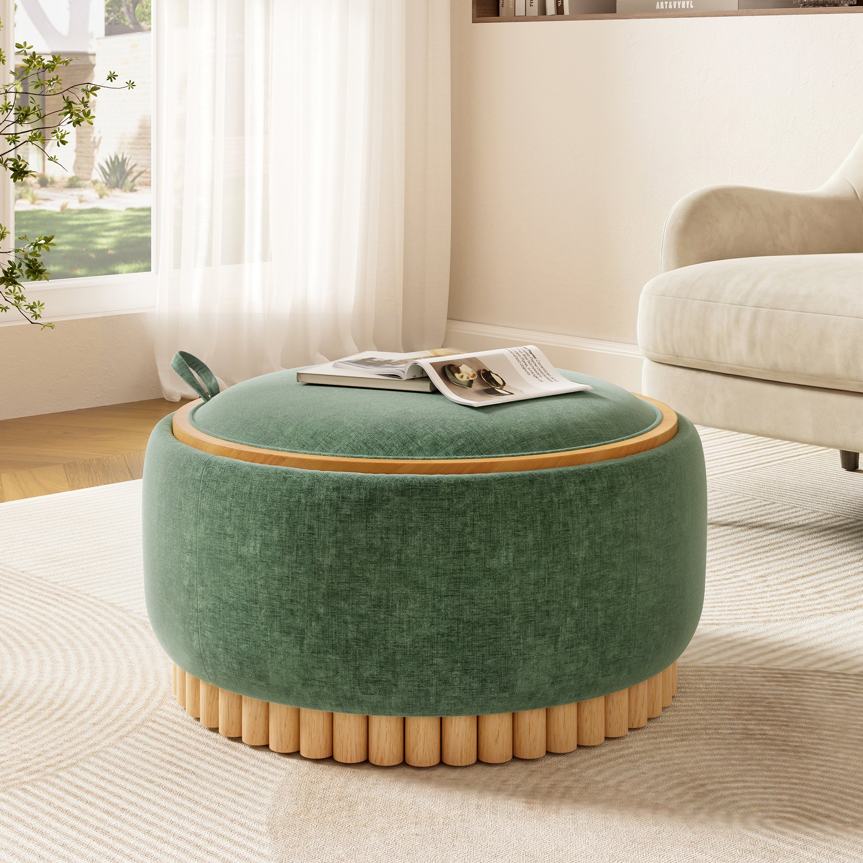 29 Inch Round Storage Ottoman Solid Rubberwood Legs Chenille, Green