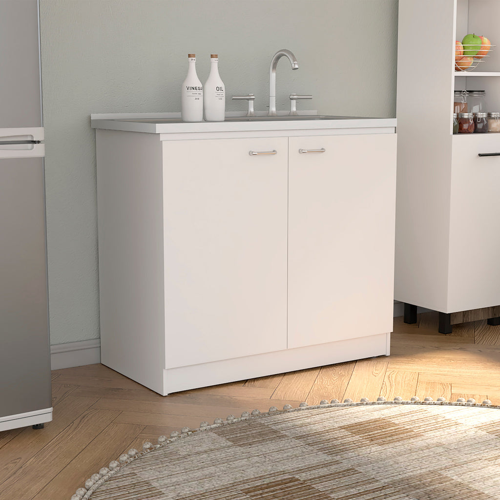White Double Door Utility Sink Cabinet with Shelf