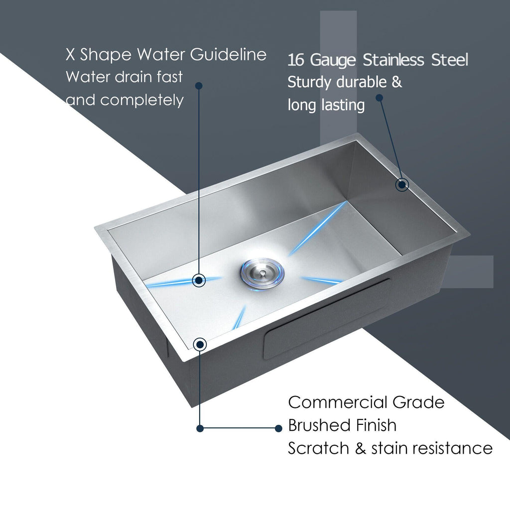 33" Undermount Stainless Steel Kitchen Sink Single Bowl 16G