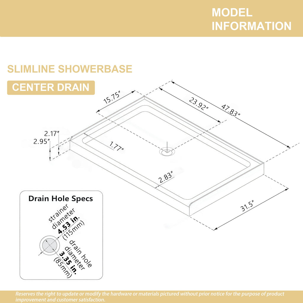 Gloss White Acrylic Shower Base 32" x 48" Center Drain