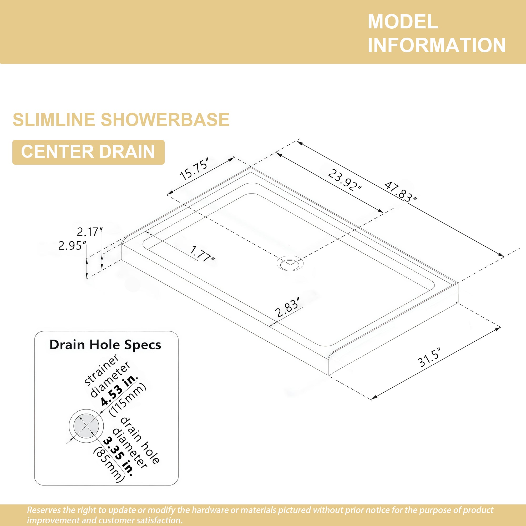 Gloss White Acrylic Shower Base 32" x 48" Center Drain