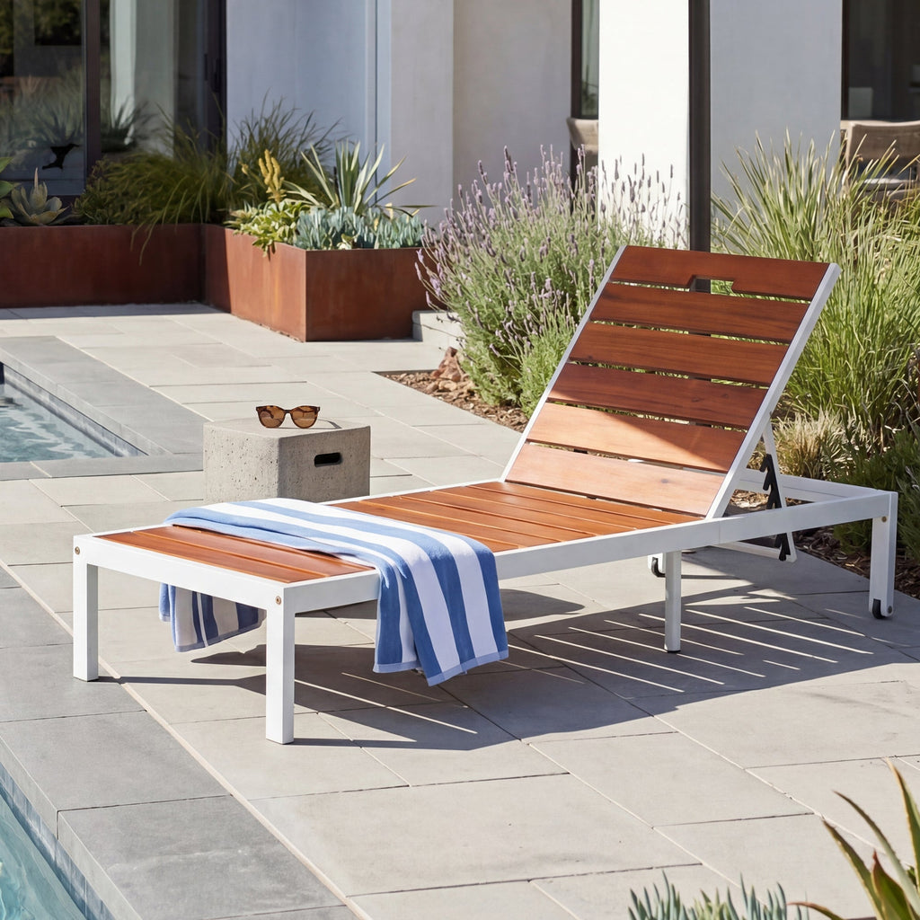 Outdoor Chaise Lounge Acacia Wood Steel Frame White Brown 78.7