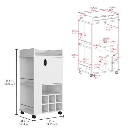 Bar Cart - 6 Built-In Wine Racks - Cabinet and Casters