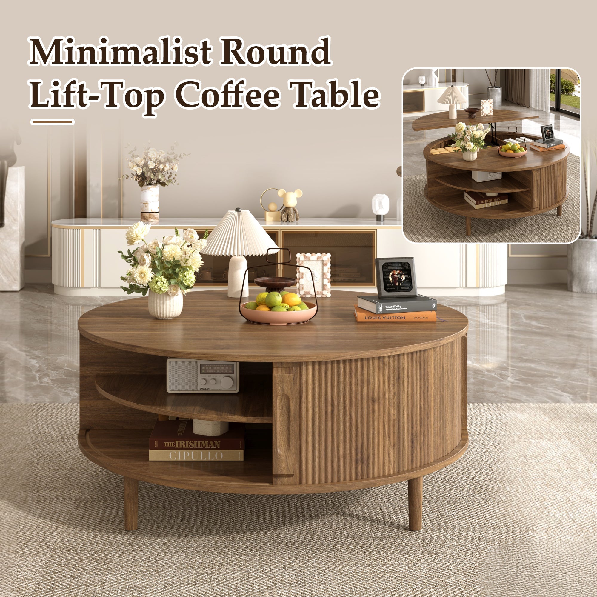 Round Lift-Top Coffee Table with Hidden Storage Sliding Door