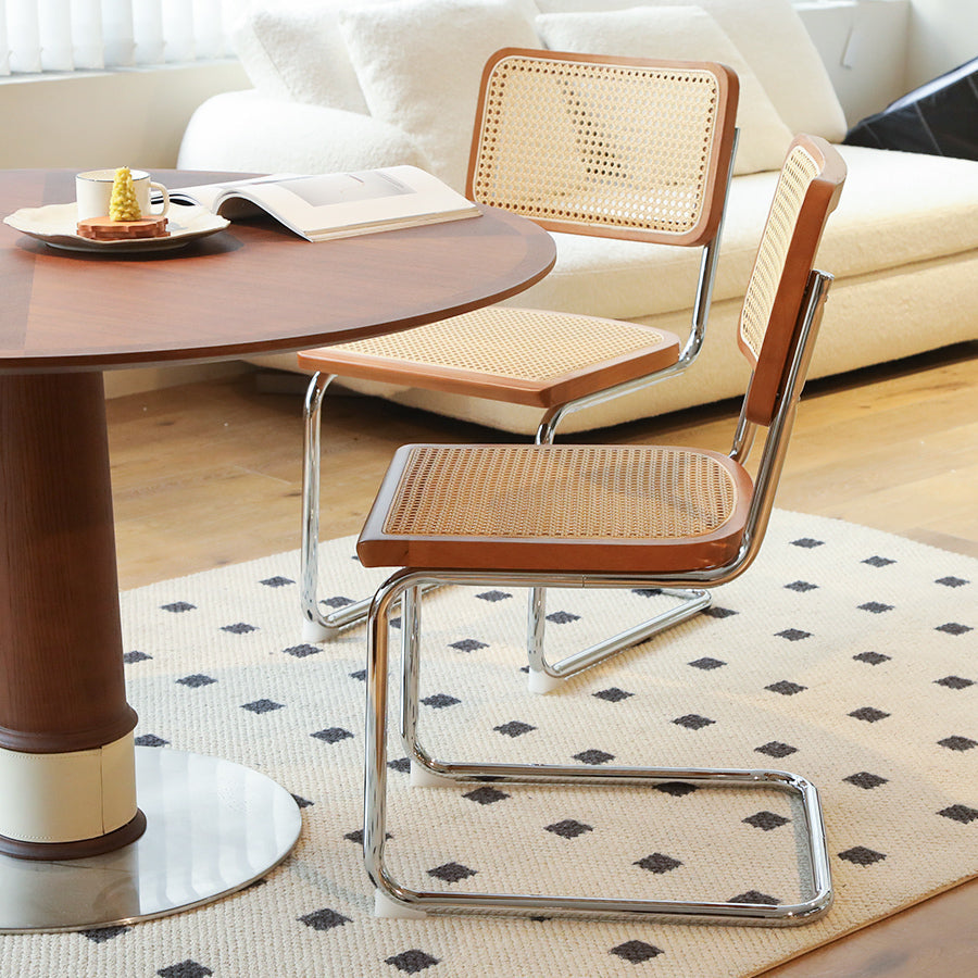 Set of 2 Rattan Side Chairs with Chrome Legs, Mid Century Modern
