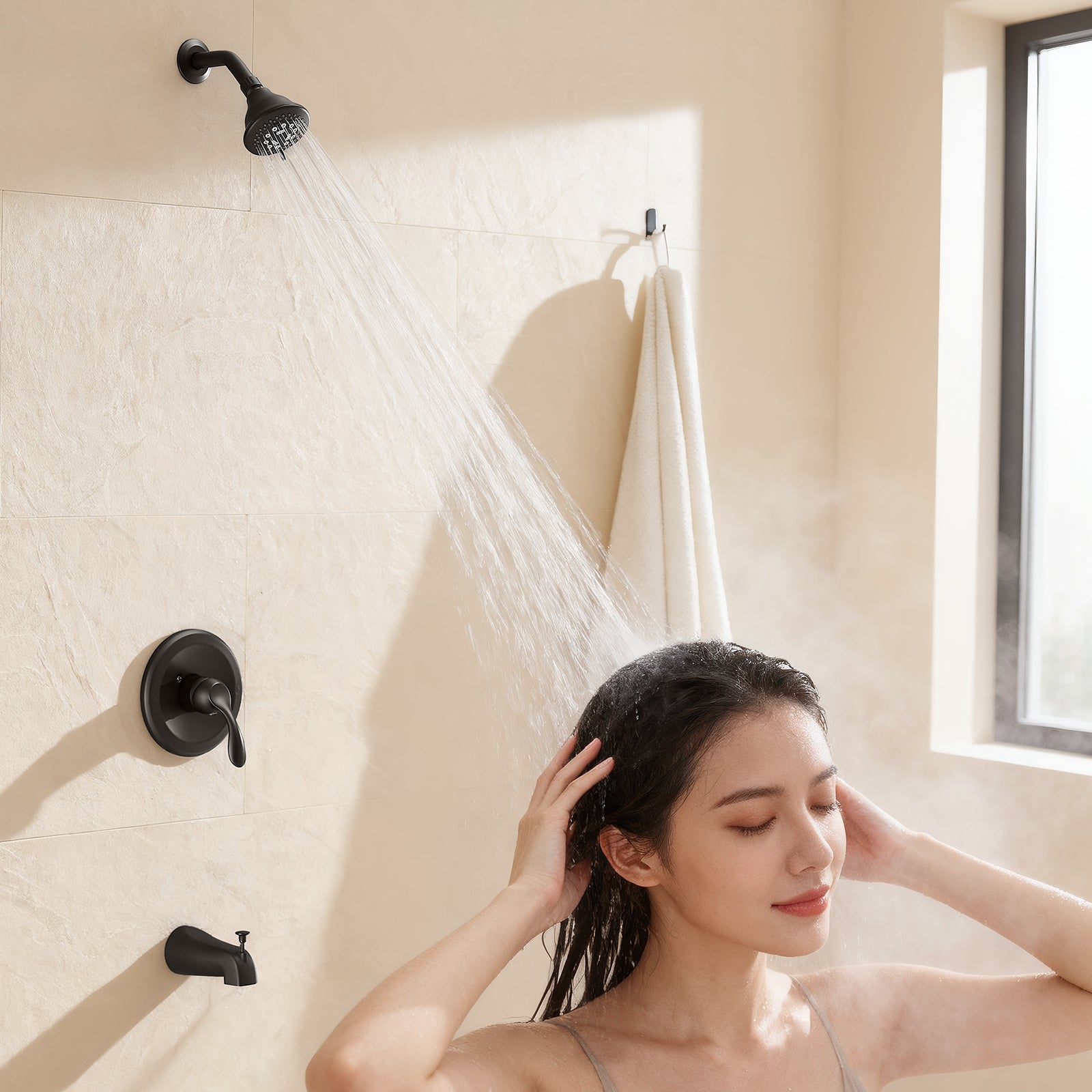 Matte Black Tub Shower Faucet Combo 5-Spray Rain Head