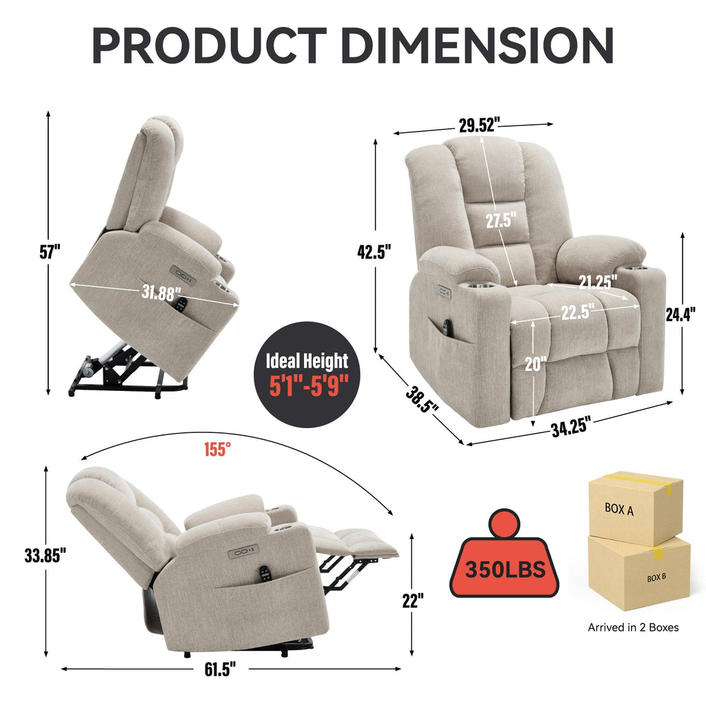 Power Lift Recliner Chair Massage Heat USB Ports Beige