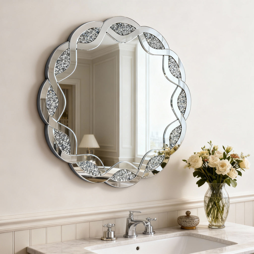 31.5" Silver Wave Diamond Round Wall Mirror