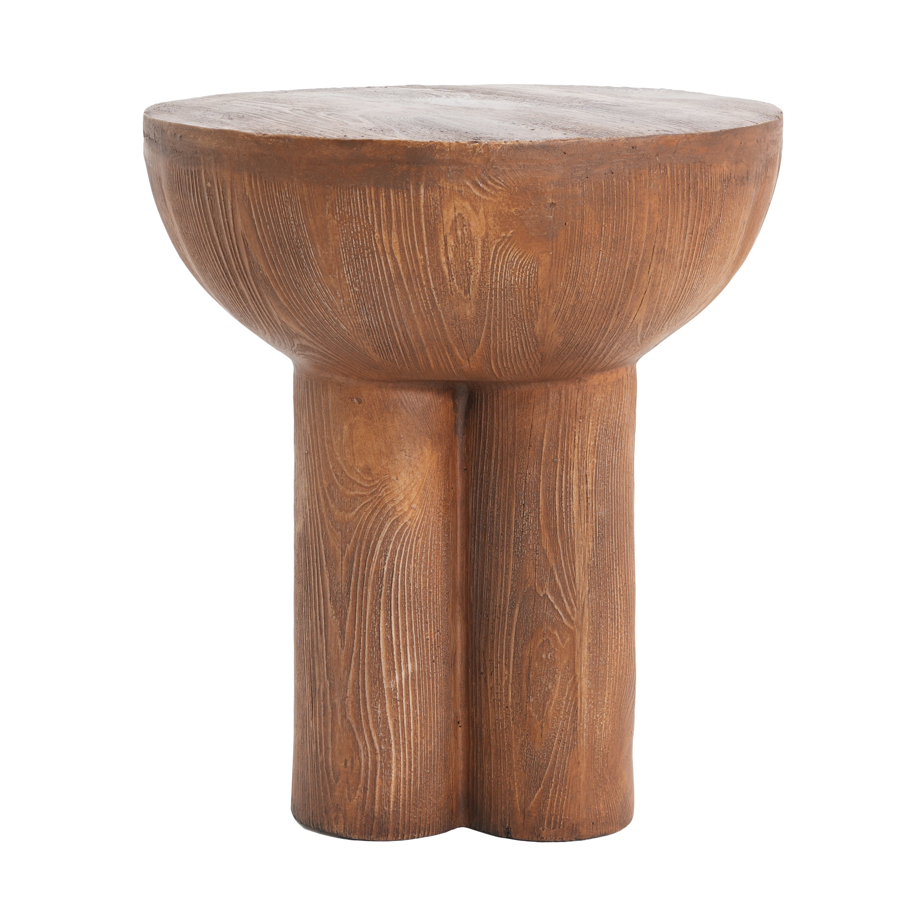 Iris Outdoor Round MGO Side Table Brown Wood-Grain Three-Leg