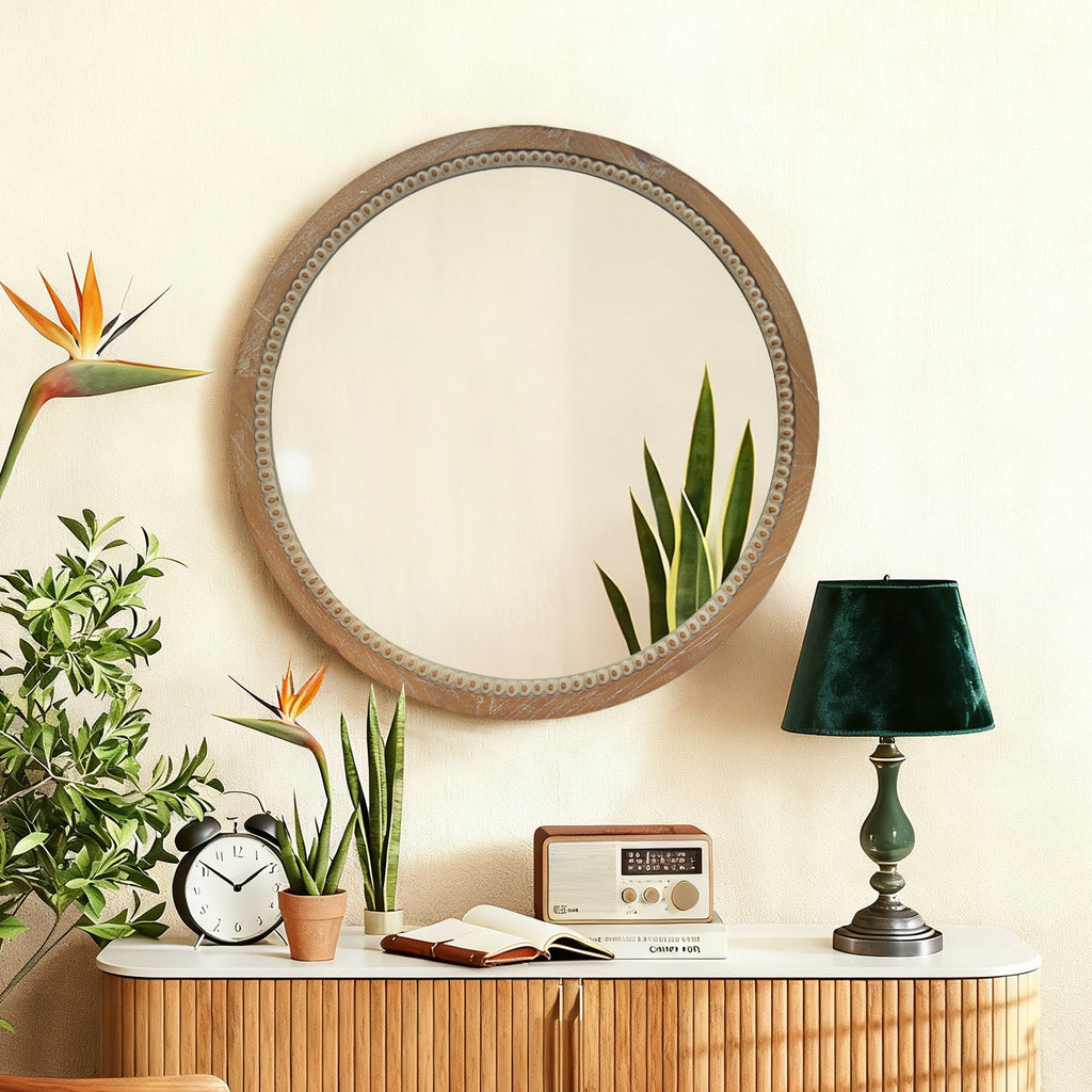 Round Beaded Wood Wall Mirror 23.62" Farmhouse Rustic