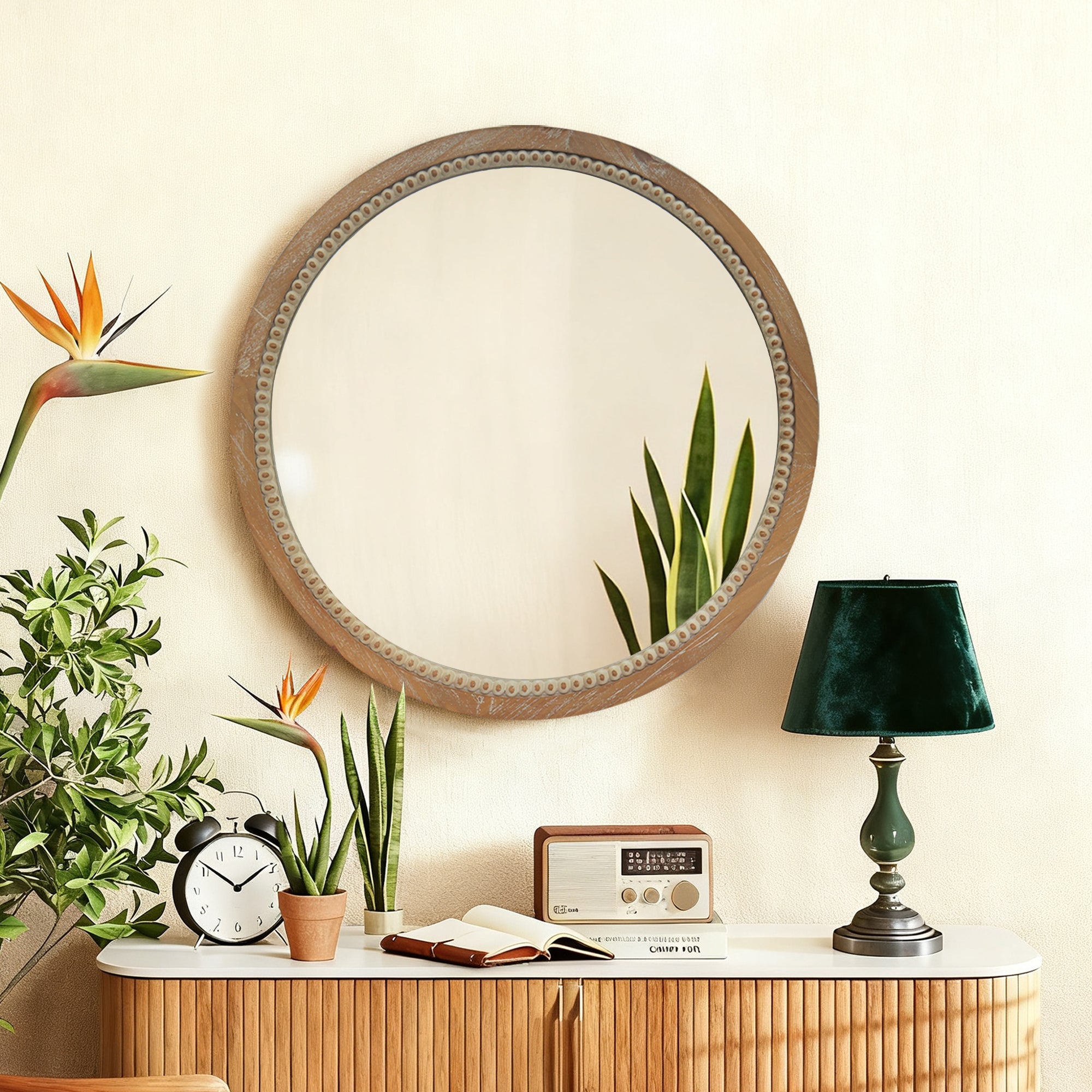 Round Beaded Wood Wall Mirror 23.62" Farmhouse Rustic
