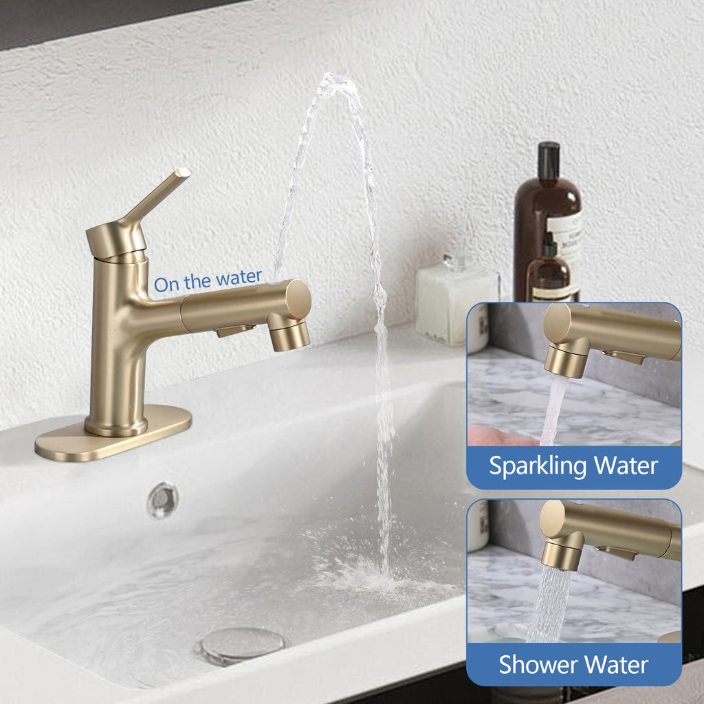 Brushed Gold Single Handle Pull Out Sprayer Bathroom Faucet