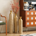 Set of 3 Gold Distressed Metal Vases with Vine Pattern 34