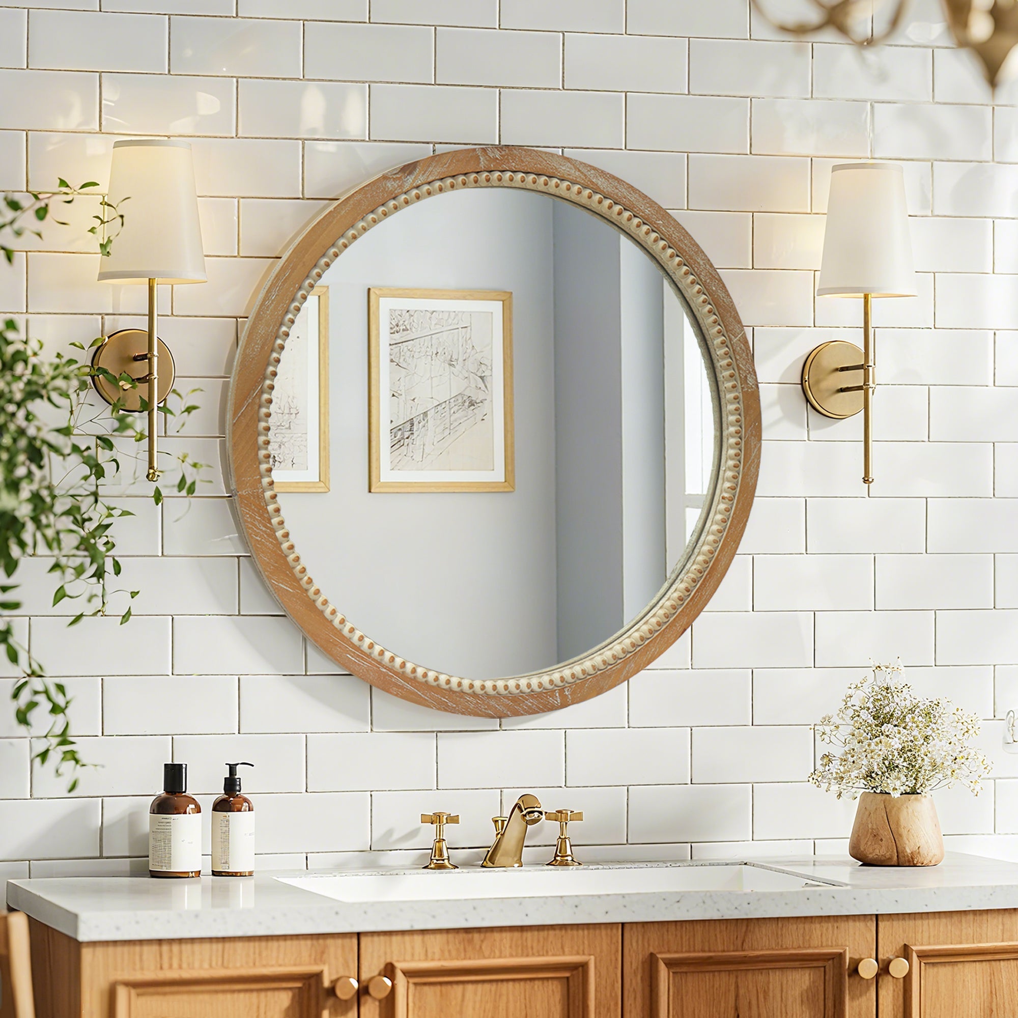 Round Beaded Wood Wall Mirror 23.62" Farmhouse Rustic
