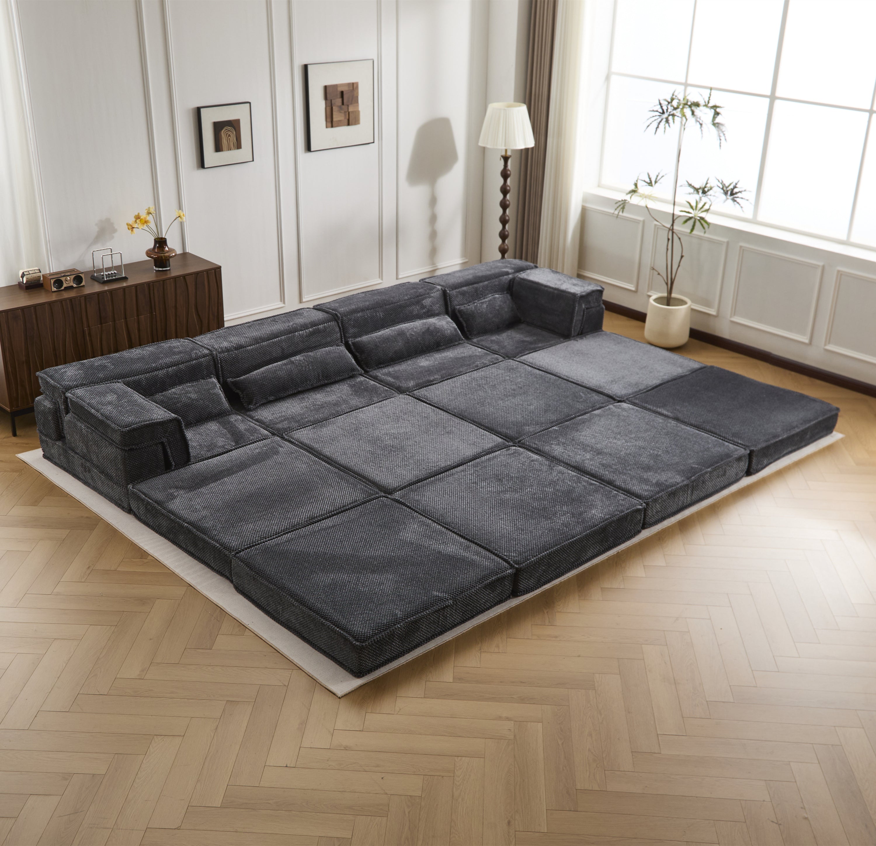 Sectional Sofa Bed Modular Circle Fleece Dark Gray 4 Seat 157 In Convertible