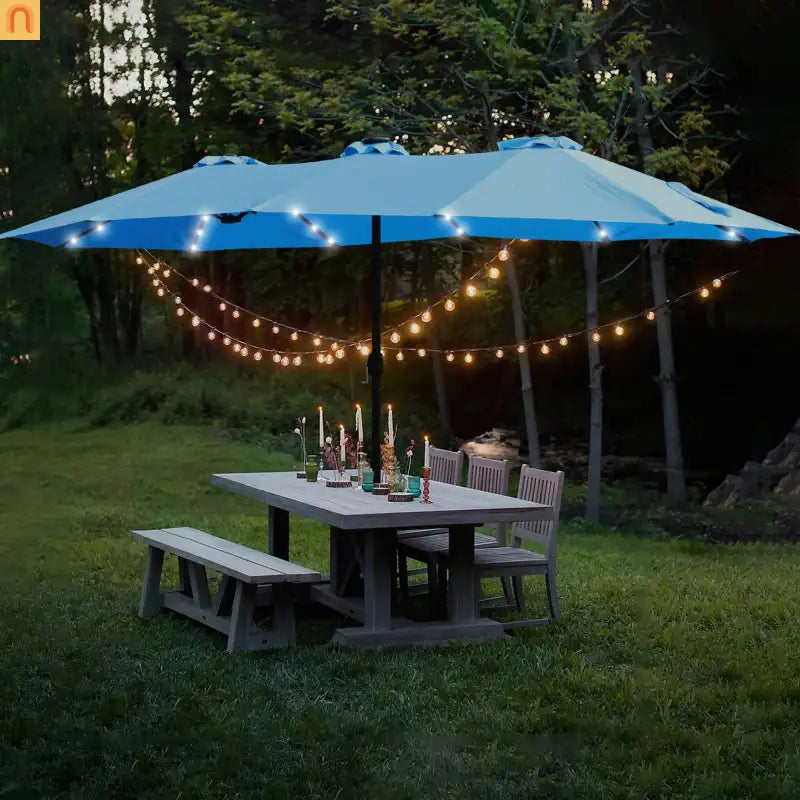 Patio Umbrella Double Sided Rectangle Blue 15 Ft Steel 12 Ribs Crank