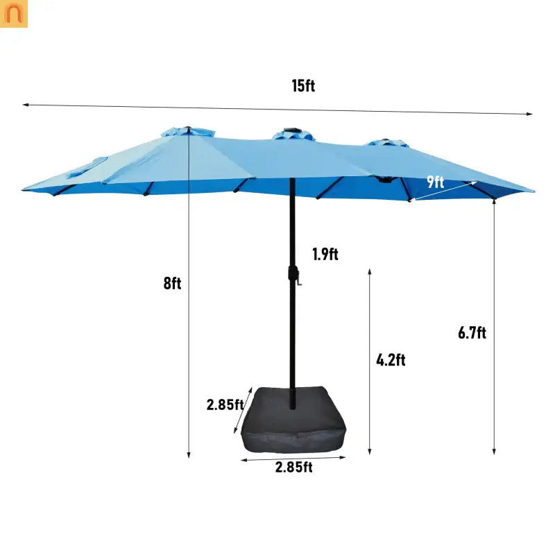 Patio Umbrella Double Sided Rectangle Blue 15 Ft Steel 12 Ribs Crank