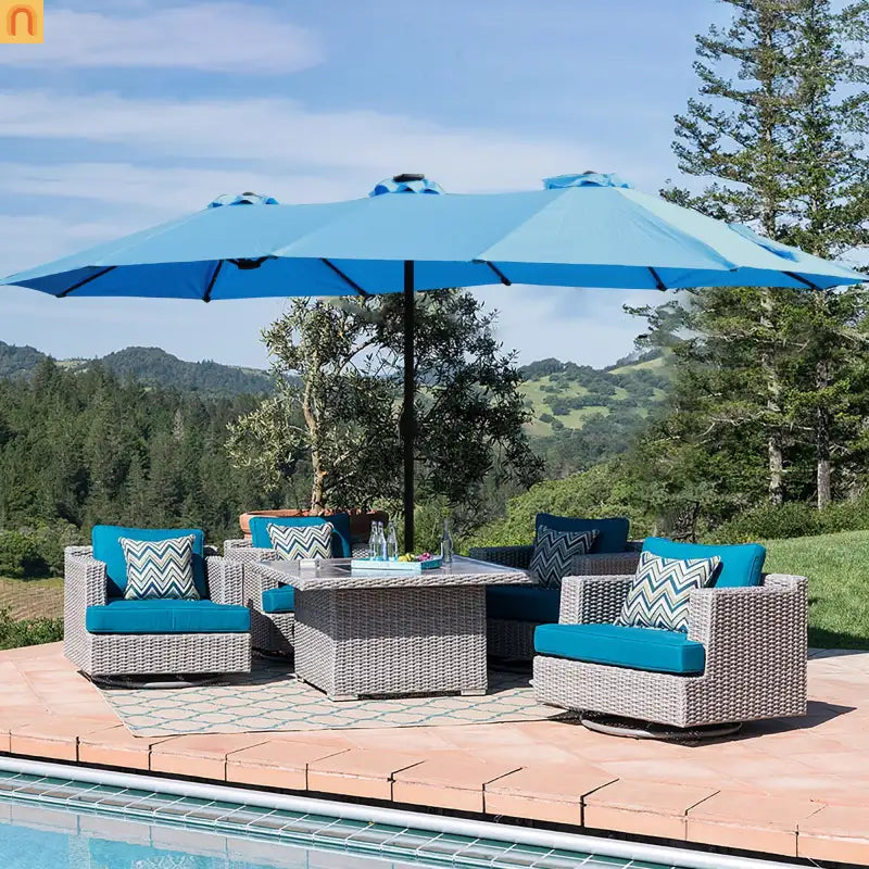 Patio Umbrella Double Sided Rectangle Blue 15 Ft Steel 12 Ribs Crank