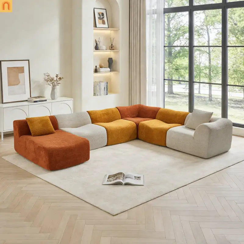 Sectional Sofa L-Shape Velvet Color-Block 6 Seat 129 In No Assembly