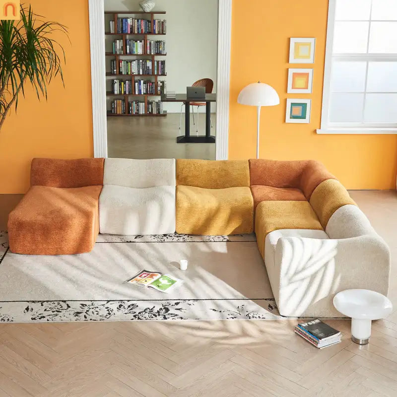 Sectional Sofa L-Shape Velvet Color-Block 6 Seat 129 In No Assembly