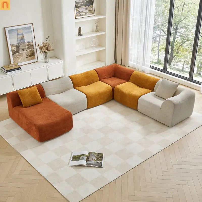 Sectional Sofa L-Shape Velvet Color-Block 6 Seat 129 In No Assembly