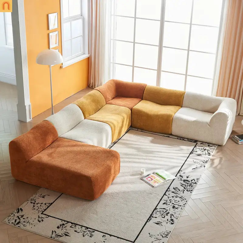 Sectional Sofa L-Shape Velvet Color-Block 6 Seat 129 In No Assembly