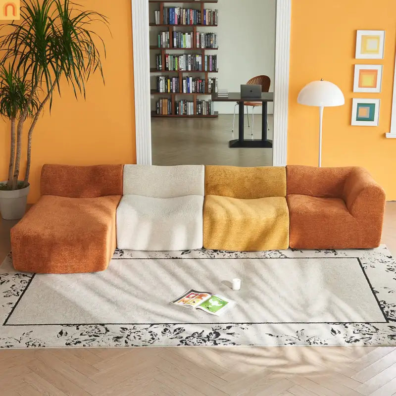 Sectional Sofa L-Shape Velvet Color-Block 6 Seat 129 In No Assembly
