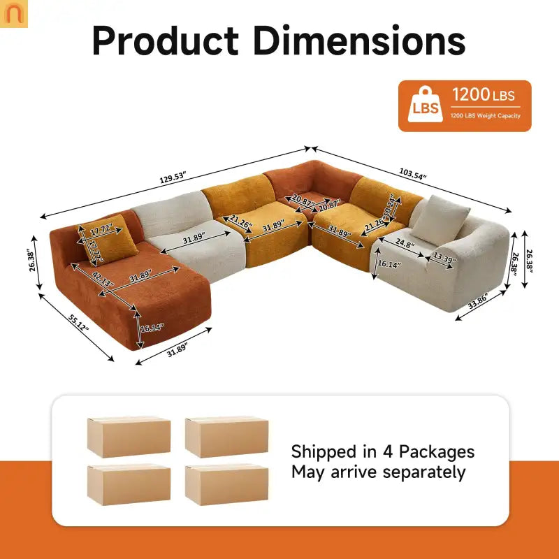 Sectional Sofa L-Shape Velvet Color-Block 6 Seat 129 In No Assembly