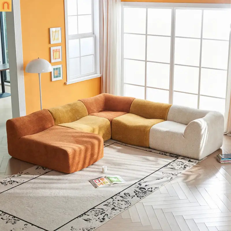 Sectional Sofa L-Shape Velvet Color-Block 6 Seat 129 In No Assembly