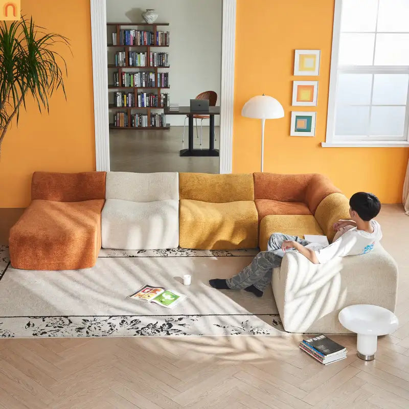 Sectional Sofa L-Shape Velvet Color-Block 6 Seat 129 In No Assembly