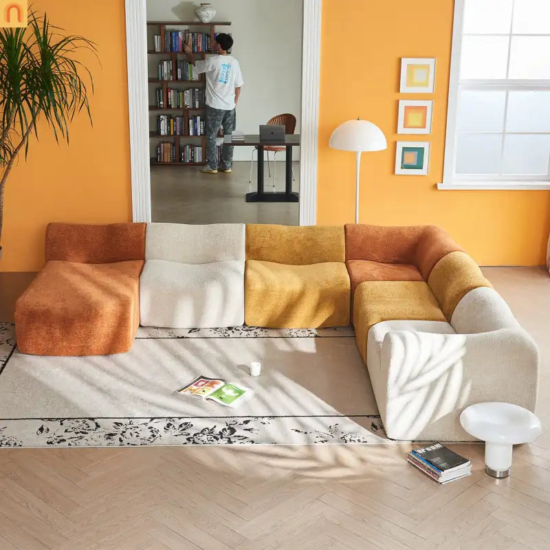 Sectional Sofa L-Shape Velvet Color-Block 6 Seat 129 In No Assembly