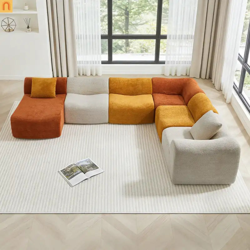 Sectional Sofa L-Shape Velvet Color-Block 6 Seat 129 In No Assembly