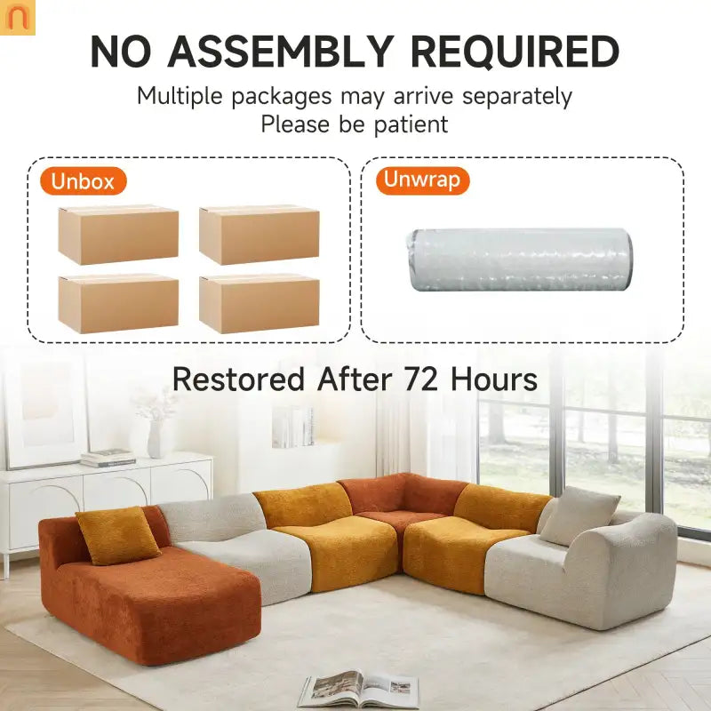 Sectional Sofa L-Shape Velvet Color-Block 6 Seat 129 In No Assembly