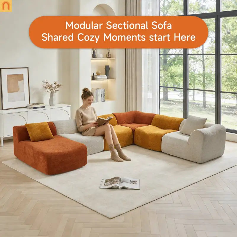 Sectional Sofa L-Shape Velvet Color-Block 6 Seat 129 In No Assembly