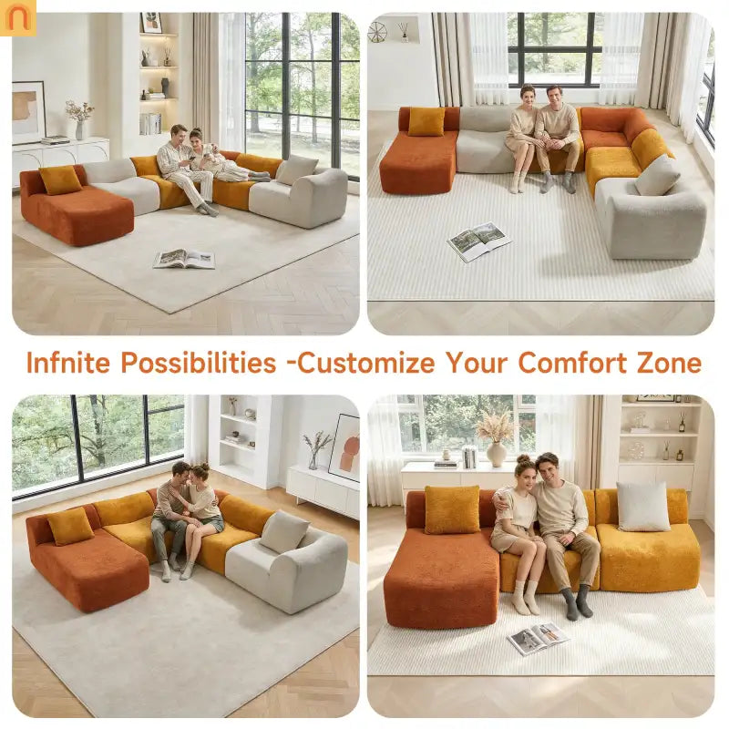 Sectional Sofa L-Shape Velvet Color-Block 6 Seat 129 In No Assembly