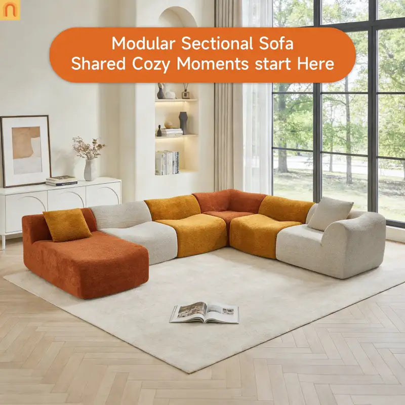 Sectional Sofa L-Shape Velvet Color-Block 6 Seat 129 In No Assembly