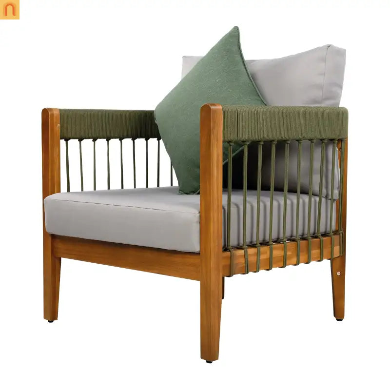 Outdoor Club Chair Set Acacia Wood Rope Accents Green Beige Set of 2